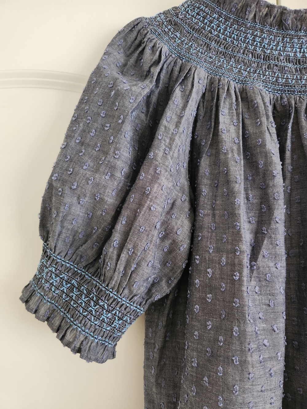LOFT Slate Blue Smocked Whimsical Ruffled Neck Puff Sleeve Top - Picture 3 of 8